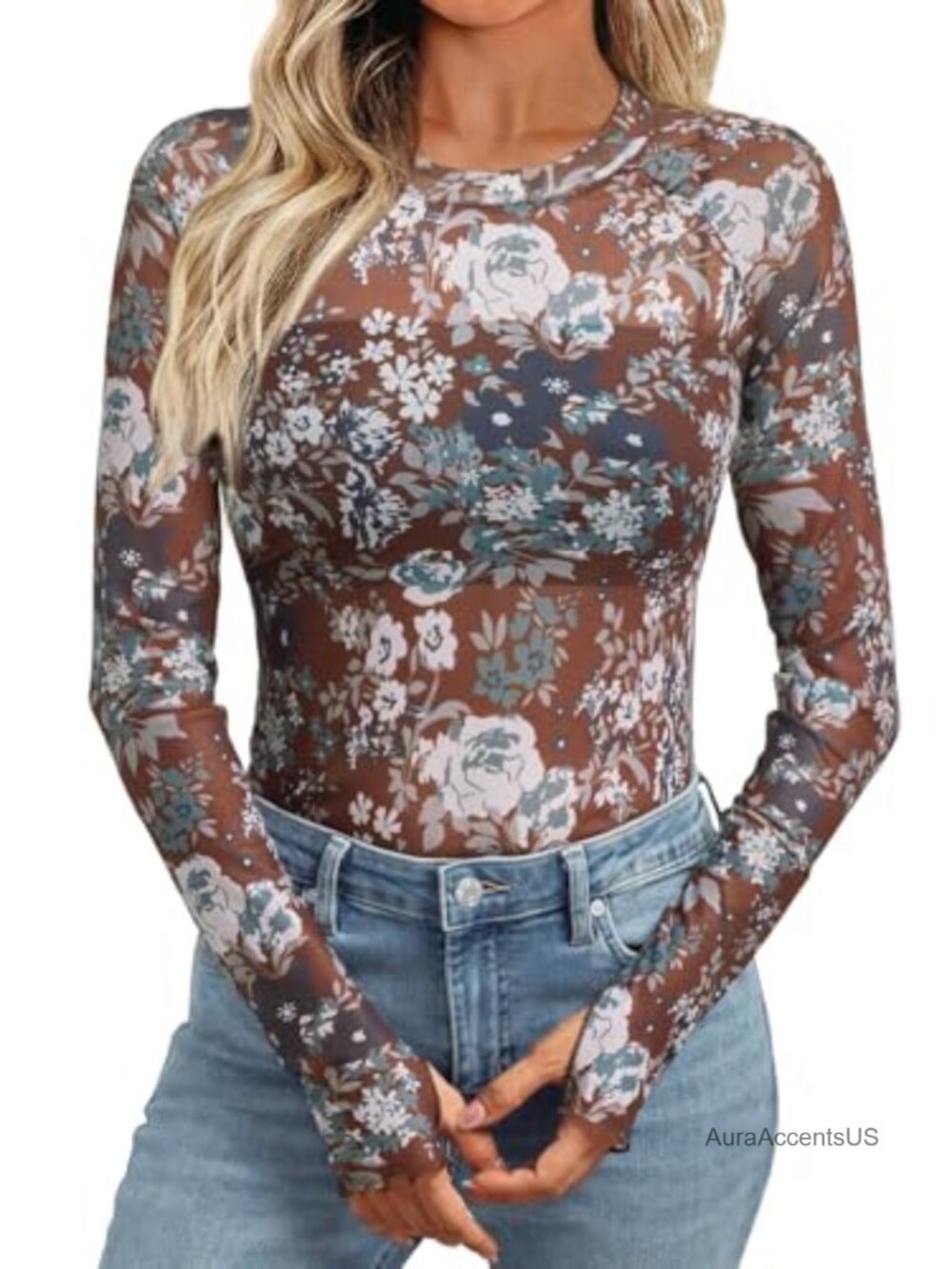 Sheer Mesh Lace Long Sleeve Top Floral See Through Y2K